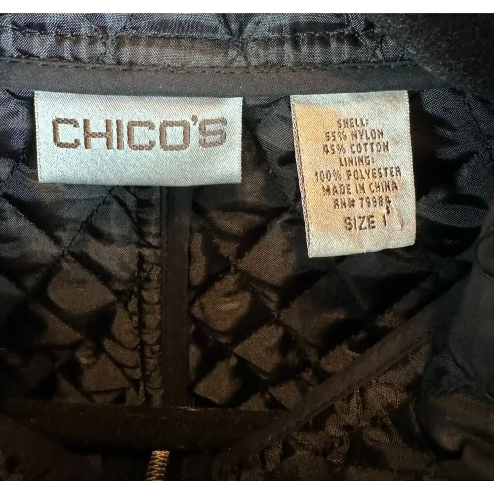 CHICO'S black quilted full zipper collared jacket blazer size 1 M - Picture 3 of 7